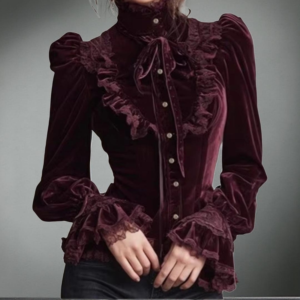 Chic Velvet Ruffled Blouse - Deep Burgundy